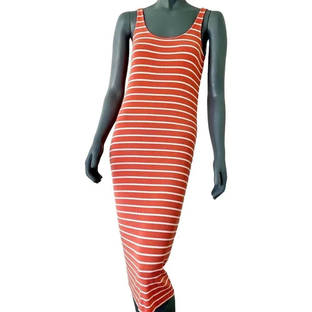 Womens Dress Pencil Pink White Striped Sleeveless Midi Pullover Scoop Neck S